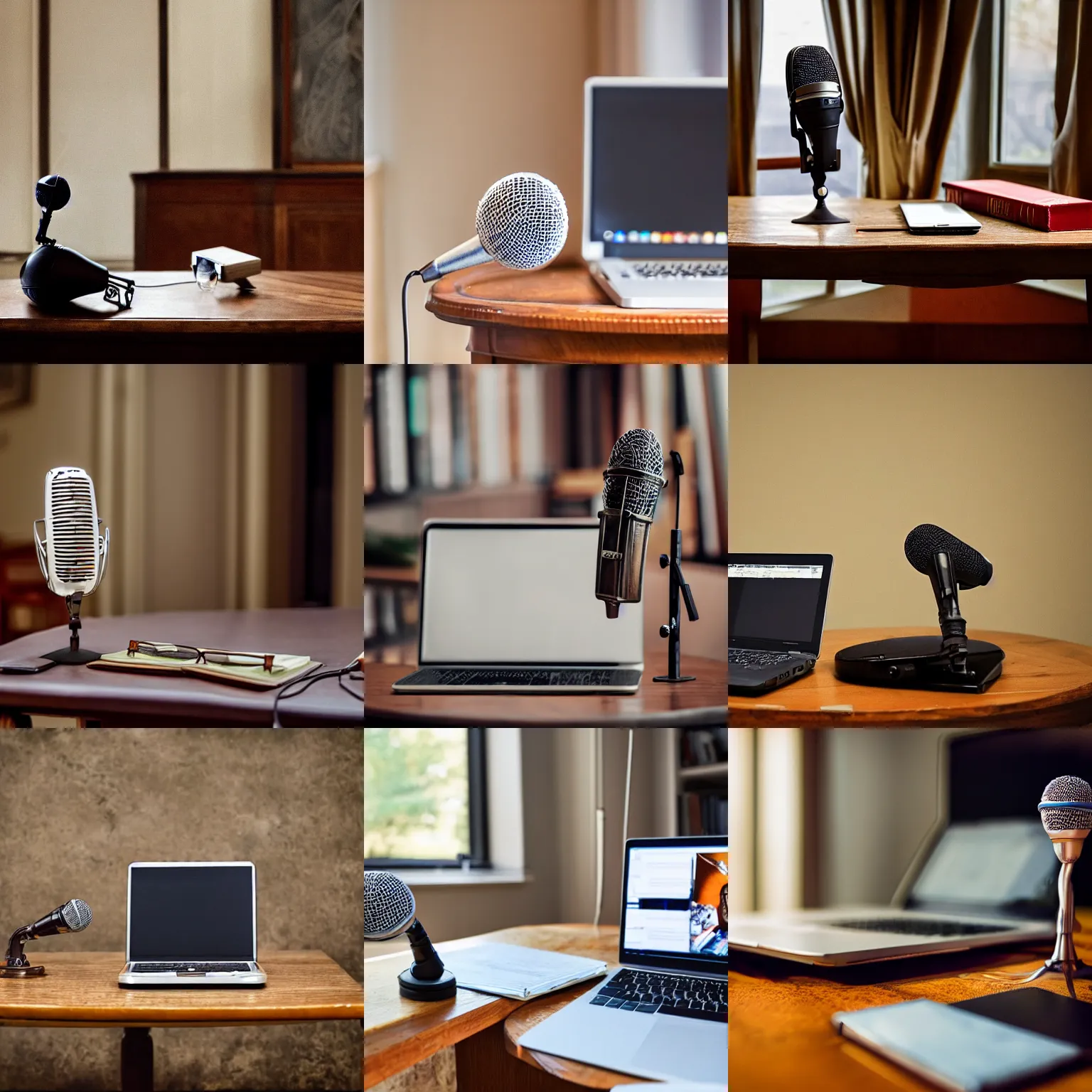 Prompt: laptop wineglass and microphone on a table, in an aristocratic study