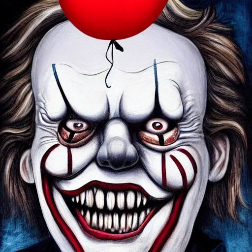 Image similar to grunge painting of donald trump with a wide smile and a red balloon by chris leib, loony toons style, pennywise style, corpse bride style, horror theme, detailed, elegant, intricate