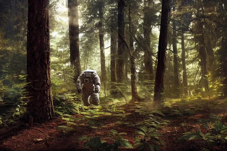 Image similar to american astronaut in the forest, plants environment, wide angle, cinematic lighting, atmospheric, realistic, octane render, highly detailed, in the style of craig mullins