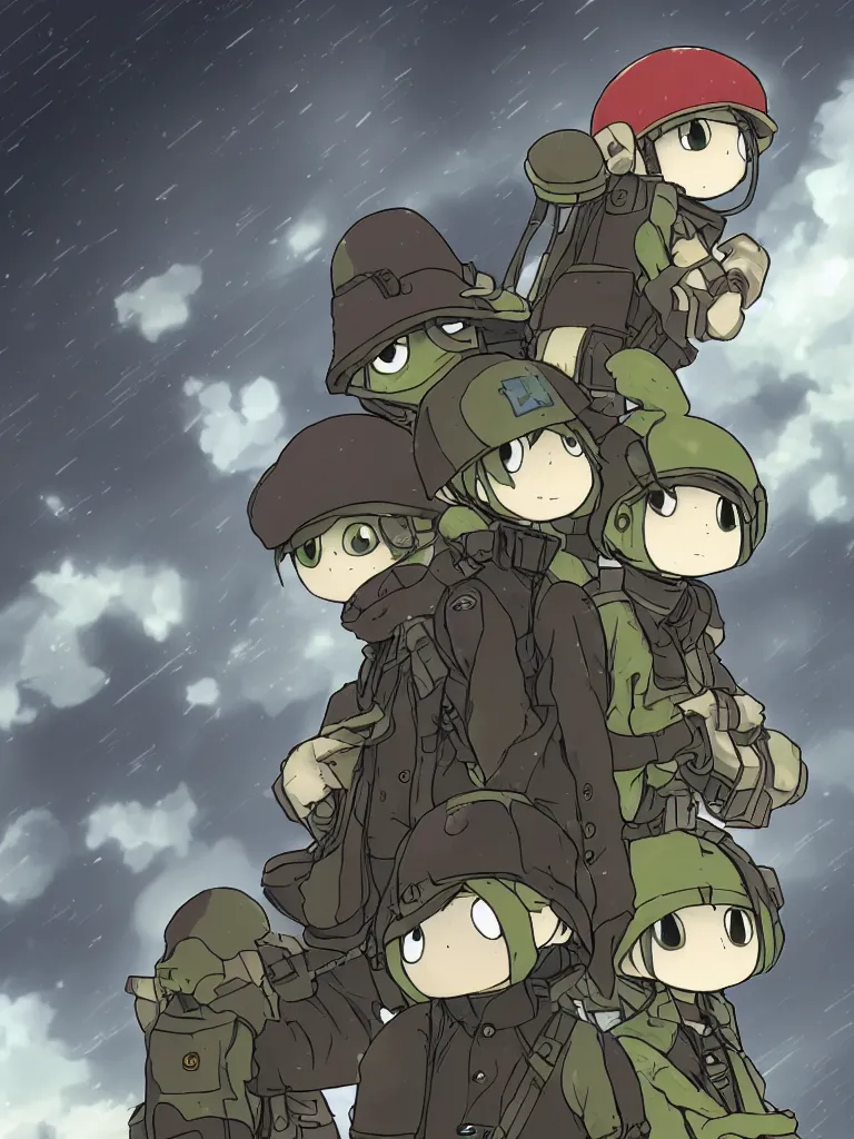 Prompt: resolution 4k worlds of loss and depression made in abyss design Akihito Tsukushi design body pepe the frogs war , battlefield darkness military carrying guns into battle uniforms civil war drummer boy pepe , desolated city the sky is filled with red halos over each of their heads dragon, pepe ivory dream like storybooks, fractals , pepe the frogs at war, art in the style of and Oleg Vdovenko and Akihito Tsukushi