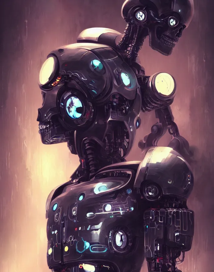 Image similar to skull - headed robot cyborg painting, illutstration, concept art, cyberpunk, futurism, comics art, artgerm, full body shot, wide angle