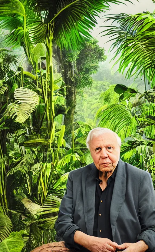 Image similar to Portrait of Sir David Attenborough with a lush tropical jungle in the background, splash art, movie still, cinematic lighting, dramatic, octane render, long lens, shallow depth of field, bokeh, anamorphic lens flare, 8k, hyper detailed, 35mm film grain