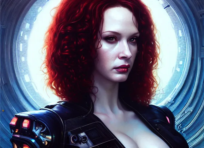 Image similar to portrait shot of a christina hendricks in cyberpunk 2 0 7 7, intricate, elegant, highly detailed, centered, digital painting, artstation, concept art, smooth, sharp focus, illustration, artgerm, tomasz alen kopera, peter mohrbacher, donato giancola, joseph christian leyendecker, wlop, boris vallejo