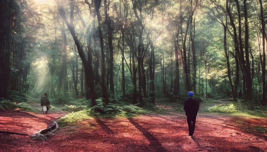 Image similar to 1 9 9 0 s candid 3 5 mm photo of a beautiful forest in tokyo, cinematic lighting, cinematic look, golden hour, the clouds are epic and colorful with cinematic rays of light, a man walks down the center of the forest with a beanie on, photographed by petra collins, uhd