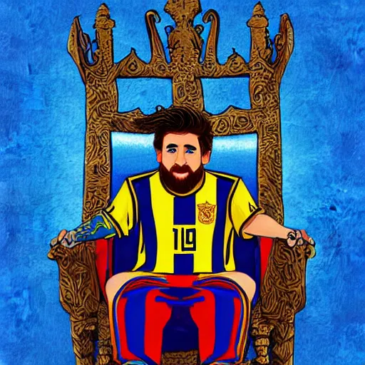 Prompt: dwarf messi sitting on a throne with argentina shirt, digital drawing, fantasy