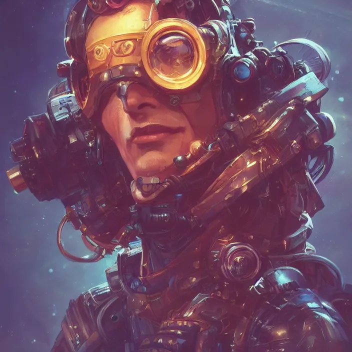 Image similar to a head and shoulders portrait of a space pirate, neon, retro, steampunk, smooth, sharp focus, intricate, artstation, detailed concept art by Rutkowski and Mucha and sky sewa and Marc Simonetti