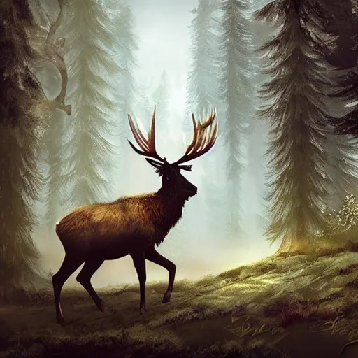 Image similar to 3 km gigantic elk walks over forests, fantasy concept art, digital art
