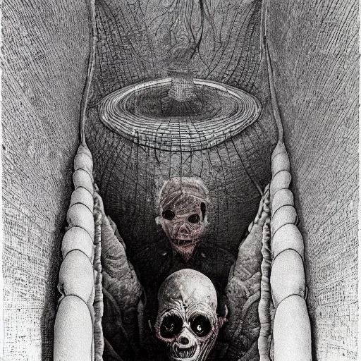 Image similar to lost in the supermarket, from the terrifying and incomprehensible beyond, body horror, by gerard brom, zdzisław beksinski and ansel adams