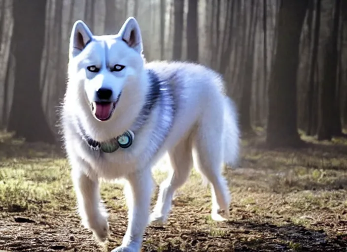 Prompt: film still of an anthropomorphic standing upright man dog white vested husky!!!!!! in a white vest wearing a white vest!!!!! in the new sci - fi movie, 8 k