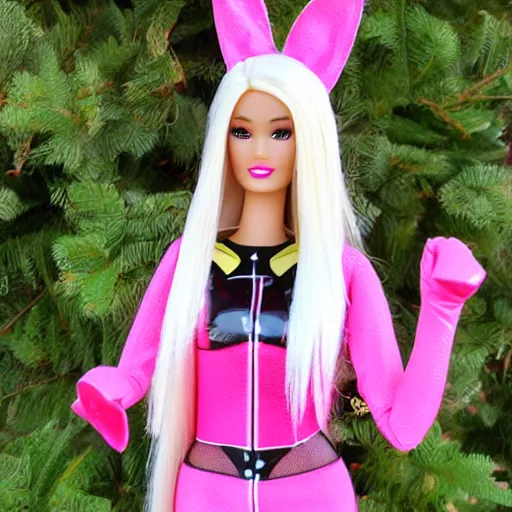 Image similar to barbie doll, leather bunny costume bodysuit, playboy, rabbit ears, plaid tights, full length, raspberry banana color, lace