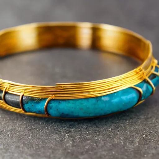 Image similar to Ancient Primitive Gold Bangle, 14K Gold Wire, Single Center Turquoise, Shungite Bangle, Mineral and Gold Jewelry, Product Photography