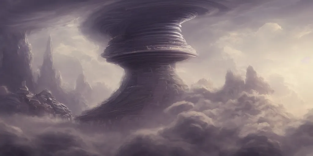 Image similar to beautiful digital illustration of a futuristic curvilinear palace in a sea of clouds by Andreas Rocha, curvilinear architecture, fluffy pastel clouds, establishing shot, cinematic, architecture, concept art, deviantArt, artsation, artstation HQ, HD, 16k resolution, smooth, sharp detail, amazing depth, octane, finalRender, Unreal Engine