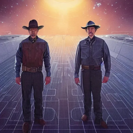 Prompt: hand drawn image of wyatt earp and doc holliday standing on the deck of a futuristic spacecraft with gears and unknown alien hydro technology, inspired by the movie interstellar, high detail, ultra realistic