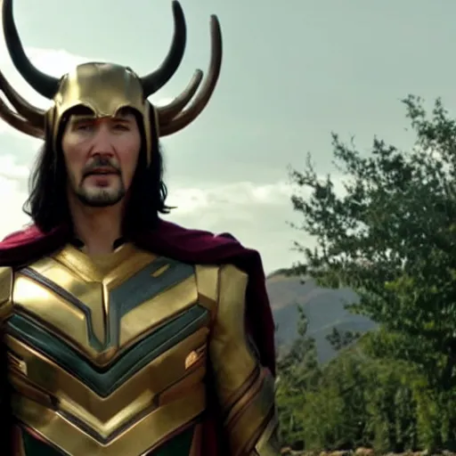 Prompt: film still of Keanu Reeves as Loki wearing the horned helmet in Avengers Endgame