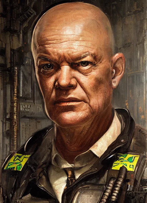 Prompt: dwight eisenhower. cyberpunk mercenary with tattoos wearing a military vest and combat jumpsuit. (Cyberpunk 2077, bladerunner 2049). Iranian orientalist portrait by john william waterhouse and Edwin Longsden Long and Theodore Ralli and Nasreddine Dinet, oil on canvas. Cinematic, hyper realism, realistic proportions, dramatic lighting, high detail 4k