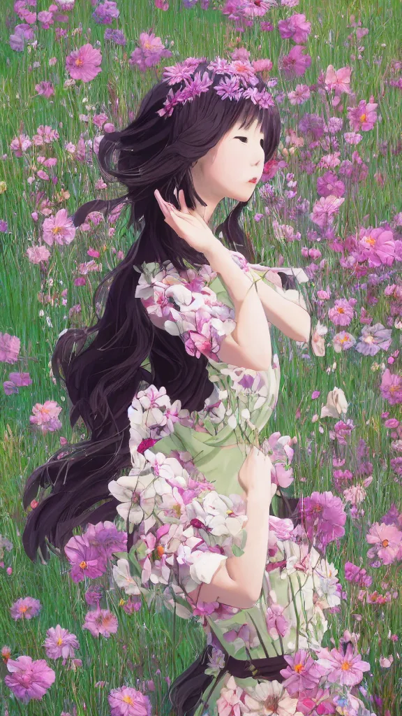 Image similar to portrait of a japanese girl dancing in a field full of flowers, detailed, elegant, highly detailed, artstation, concept art, illustration, sharp focus, anime, art by kurozaki sakura,