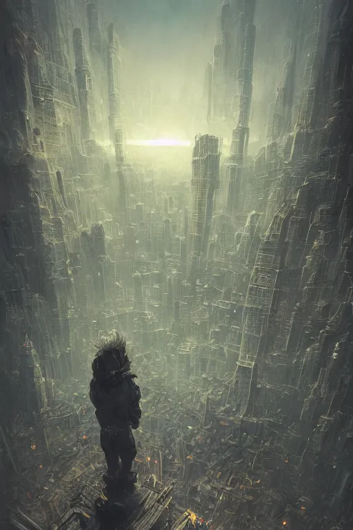 Prompt: A small person standing before a michanical city by Greg Rutkowski, beeple, Sung Choi, Mitchell Mohrhauser, Maciej Kuciara, Johnson Ting, Maxim Verehin, Peter Konig, final fantasy, macro lens, 35mm, 8k photorealistic, cinematic lighting, HD, high details, dramatic, dark atmosphere, trending on artstation