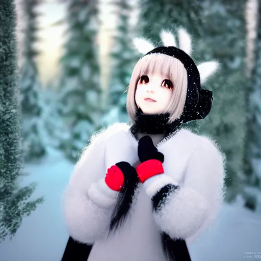 Prompt: photorealistic of a very cute joyful 3d anime girl, wearing fluffy black scarf, long dress, mittens, black long curly hair, watery eyes, cat ears, in the magical forest, snowing, medium shot, mid-shot, highly detailed, trending on Artstation, Unreal Engine 4k