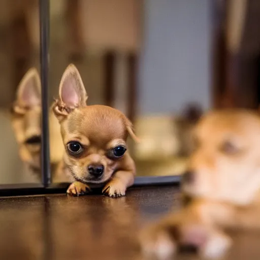 Prompt: a honey colored chihuahua puppy looking at his reflection in the mirror from the front