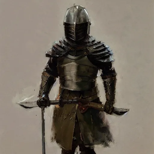 Image similar to portrait of man wearing gambeson and sallet helmet, holding sword, attacking, dramatic, detailed by greg manchess, craig mullins, bernie fuchs, walter everett