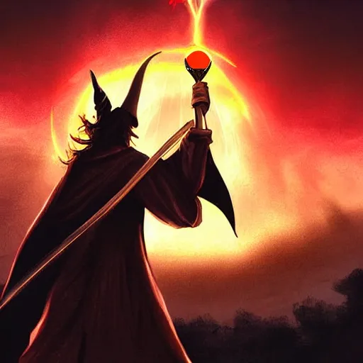 Image similar to Gandalf playing tennis against Sauron in front of Mount Doom. Both Gandalf and Sauron are in the image. Sauron is wearing his full body armor. Digital Art, lava, dark, dramatic lighting