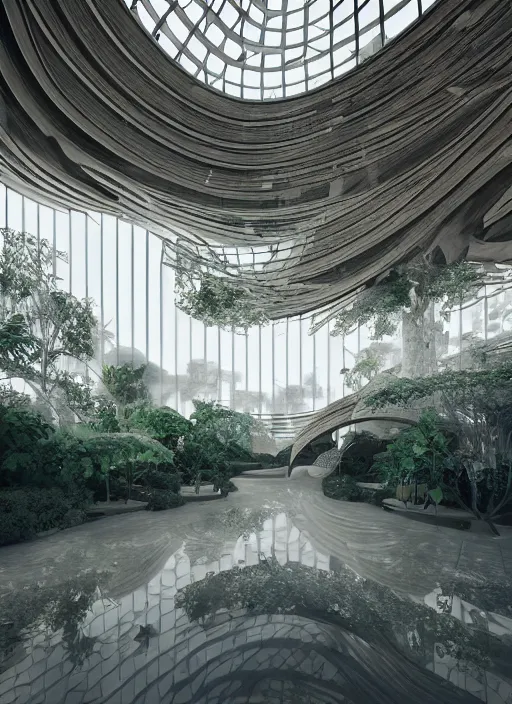 Image similar to a photo of a futuristic biomimicry oasis interior + the interior is elegant and made of a biomimicry nature with ornate patterns + photo taken on a misty morning + architectural photography, 8K, photorealistic