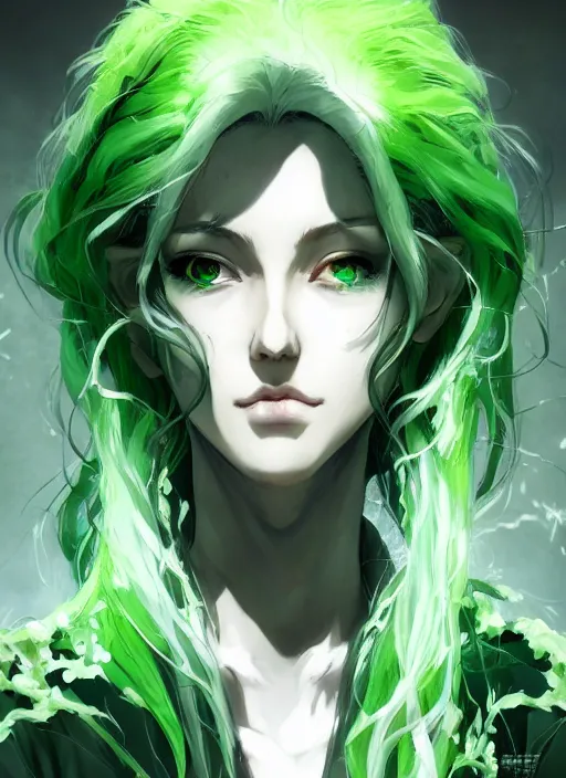 Prompt: Half body portrait of a beautiful dryad scientist with green hair and lab coat. In style of Yoji Shinkawa and Hyung-tae Kim, trending on ArtStation, dark fantasy, great composition, concept art, highly detailed.