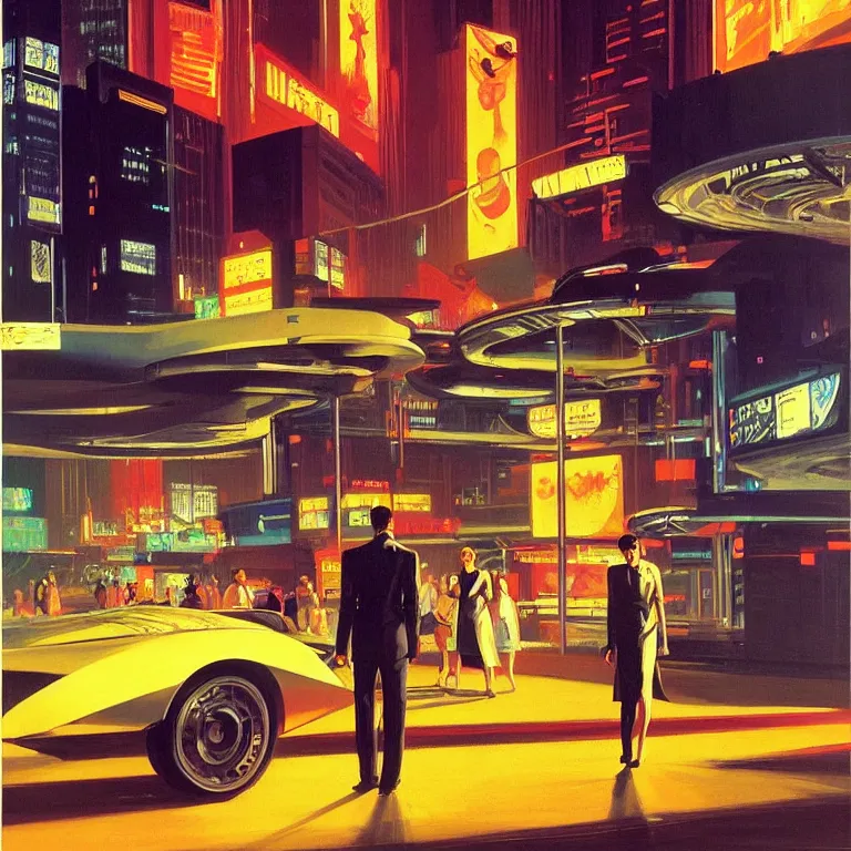 Prompt: scene of city night life with people dressed in futuristic clothes, cyberpunk designs, vehicles, automations, and faint glows of vivid color, cinematic, highly detailed, intricate, hd quality, realism, from blade runner concept art, acrylic on canvas, by syd mead and edward hopper