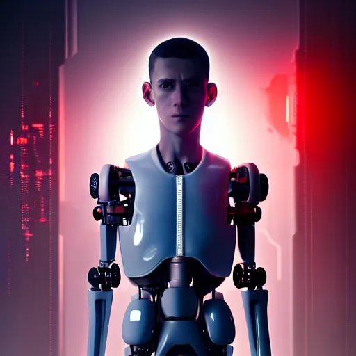 Image similar to one robotic boy cyborg from cyberpunk with red eyes and modifications stand near one human, flesh normal boy without any modifications. photorealistic, hyperrealistic, cinematic, artstation, octane render, unreal, 8 k