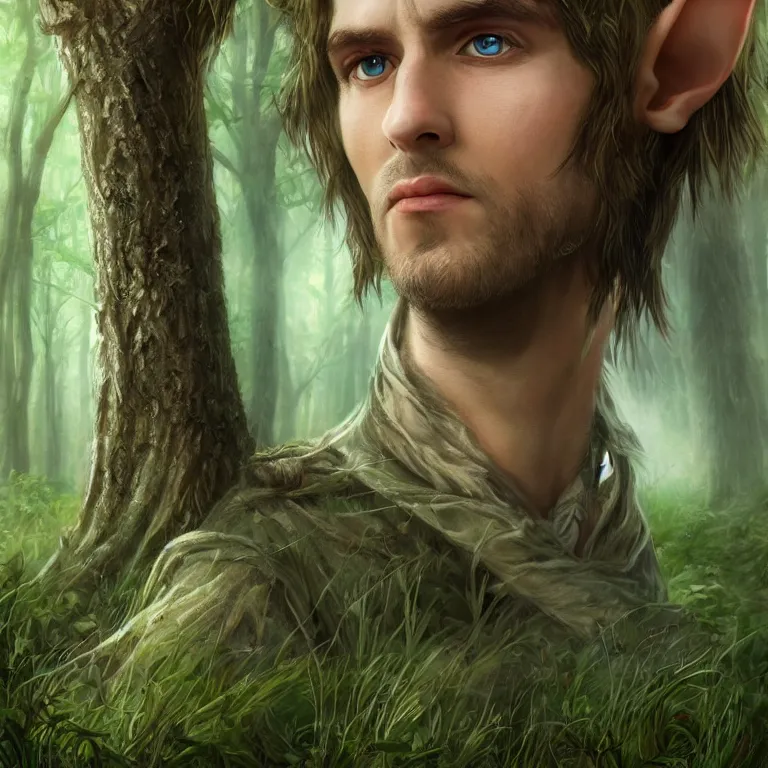 Prompt: handsome forest elf, stream, clouds, grass, forest, trees, facing the woods, lord of the rings style, fantasy, poster, character portrait, portrait, close up, concept art, intricate details, highly detailed, full body, 8 k, detailed face, body