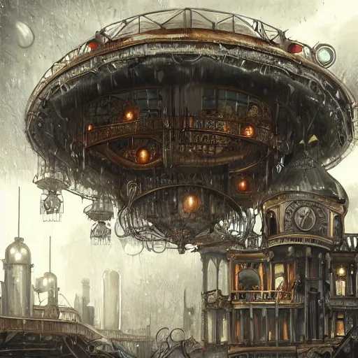 Prompt: Victorian steampunk mega city, covered by a large roof, digital painting, matte painting, art station, raining