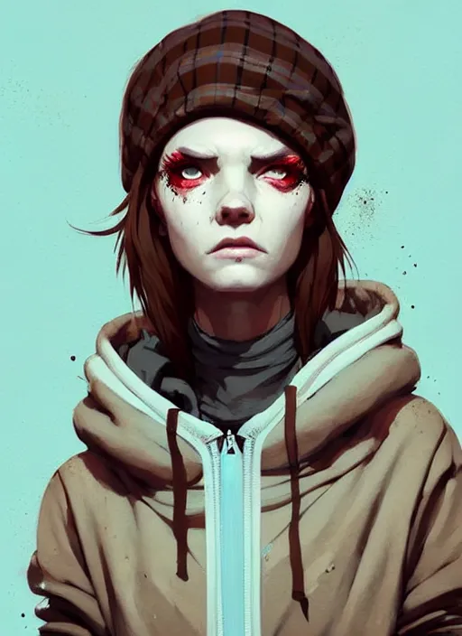 Image similar to highly detailed portrait of a sewer punk swedish lady, tartan hoody, white hair by atey ghailan, by greg rutkowski, by greg tocchini, by james gilleard, by joe fenton, by kaethe butcher, gradient light blue, brown, blonde cream and white color scheme, grunge aesthetic!!! ( ( graffiti tag wall background ) )