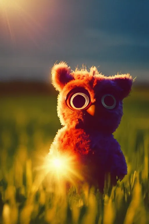 Image similar to agfa vista 4 0 0 photograph of a furby in a field, lens flare, moody lighting, moody vibe, telephoto, 9 0 s vibe, blurry background, grain, tranquil, calm, faded!,