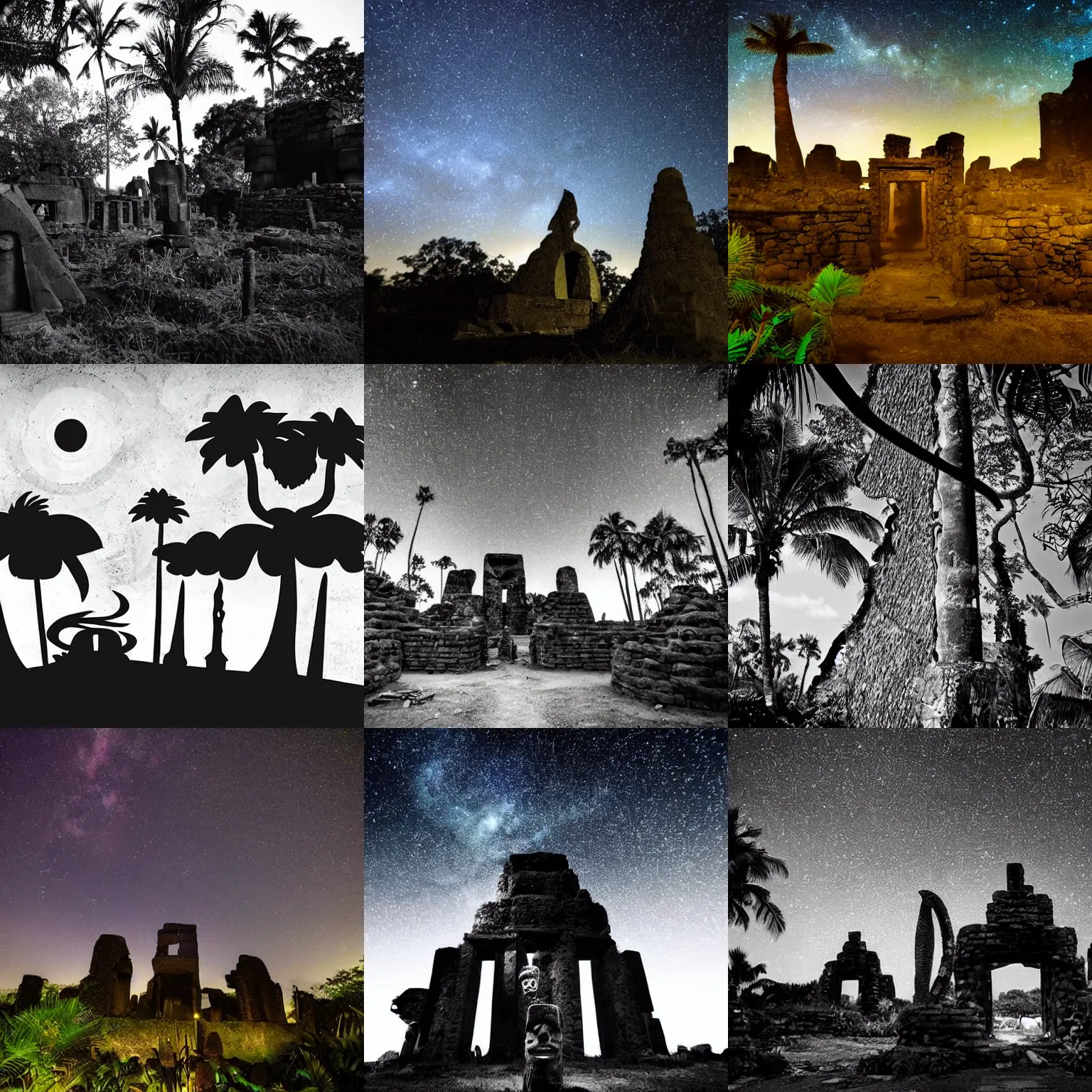 Prompt: Tiki ruins. Road to Ruin. Dark night, starry blue sky. black black sky. ancient jungle civilization ruins. Lizard god, stone statues, fire. night. black silhouettes under a blue starry sky