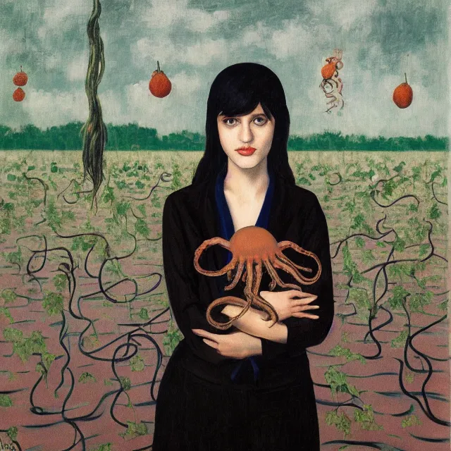 Image similar to tall emo girl artist holding an octopus, in a flooded art gallery, books, small portraits, gourds, berries, vines, pigs, acrylic on canvas, surrealist, by magritte and monet