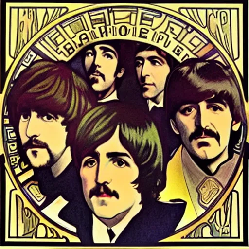 Image similar to the Beatles in the style of Alphonse Mucha