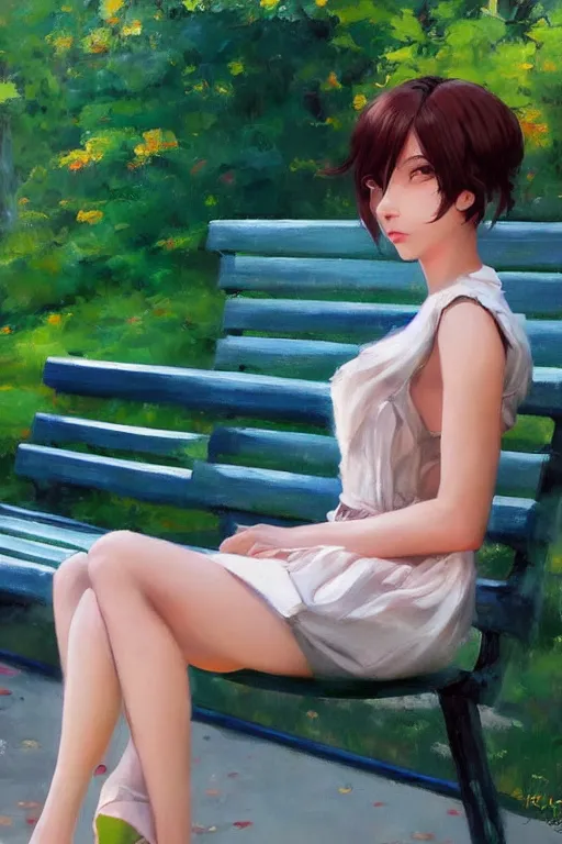 Prompt: A ultradetailed beautiful panting of a stylish woman siting on a park bench, Oil painting, by Ilya Kuvshinov, Greg Rutkowski and Makoto Shinkai