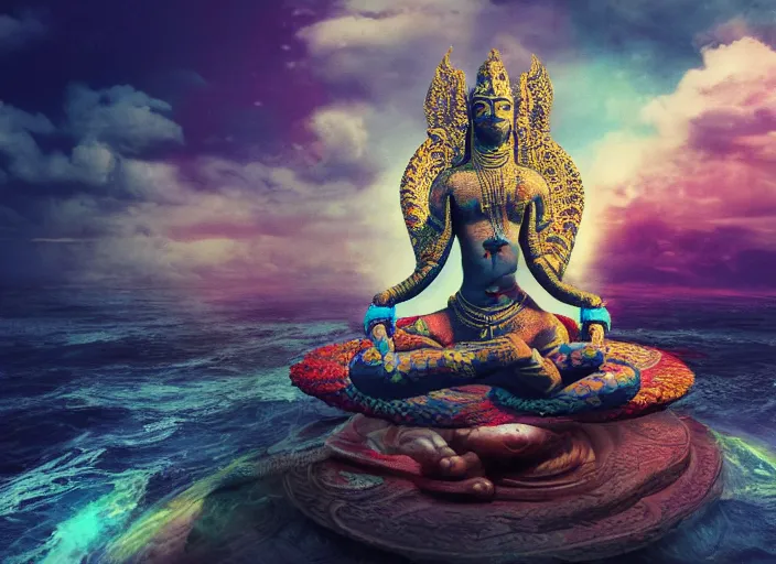 Prompt: vishnu sitting on adishesha, the thousand headed serpent, floating across the cosmic ocean, digital art, octane render