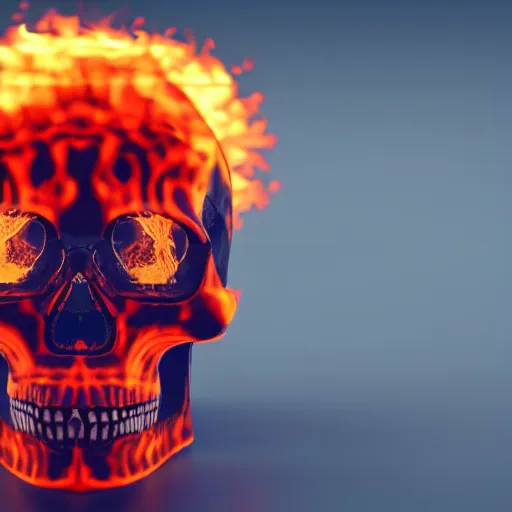 Image similar to a highly detailed human skull with intricate designs on fire in front of a glowing red background, 3 d, fire through eyes, octane render, symmetrical, hyper realism, highly detailed, digital art, artstation, concept art, cinematic lighting, strong bokeh, trending