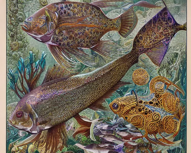 Prompt: hyperrealistic image of a beautiful fish, intricate ornamental gothic designs, heavily decorated, art by ernst haeckel, james jean,