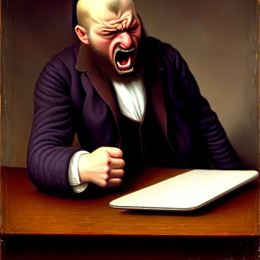 Image similar to an angry man yells at his computer monitor, oil on canvas, 1 8 8 3, highly detailed