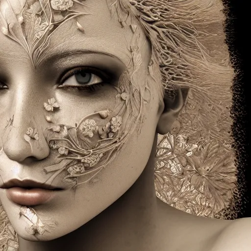 Prompt: beatifull frontal face portrait of a woman, 150 mm, anatomical, flesh, flowers, mandelbrot fractal, facial muscles, veins, arteries, symmetric, intricate, microscopic, elegant, highly detailed, ornate, ornament, sculpture, elegant , luxury, beautifully lit, ray trace, octane render in the style of peter Gric and alex grey