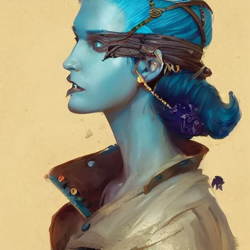 Prompt: a detailed portrait of a pirate woman with blue hair, by victo ngai and greg rutkowski, digital art, realistic painting, very detailed, fantasy, dnd, character design, trending on artstation