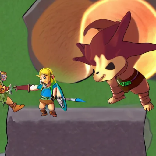 Prompt: a cartoon version of Link, fighting a Bokoblin