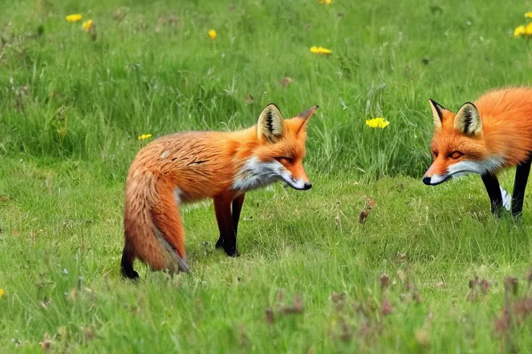 Prompt: Foxes playing in a meadow