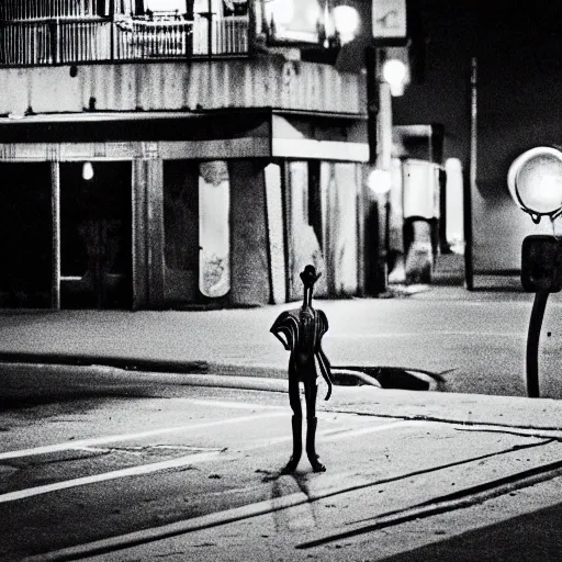 Prompt: old night photography of an alien walking in the streets at of a city at night, real, photography, security camera, found footage