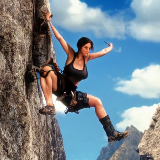 Prompt: lara croft mount climbing, an film still