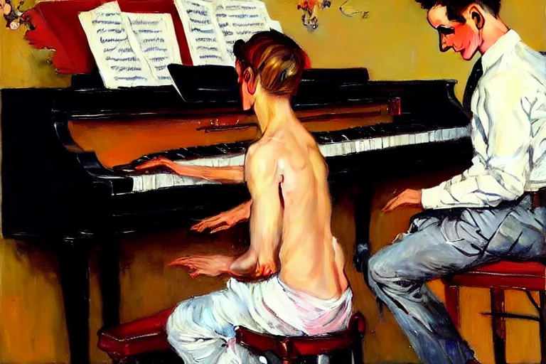 Prompt: attractive male playing piano, painting by vladimir volegov, norman rockwell, tom of finland, trending on artstation