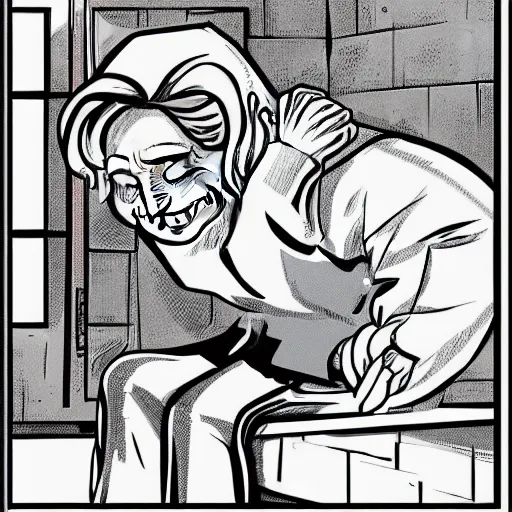 Image similar to Hillary Clinton in Jail, crying. illustration concept art in the style of Arthur Adams