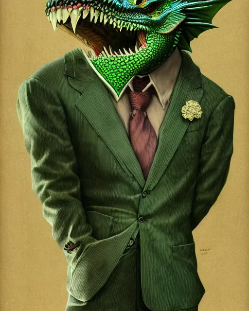 Prompt: anthropomorphic art of a businessman dragon, green dragon, portrait, 1 9 8 0 s business fashion, victo ngai, ryohei hase, artstation. fractal papers, newspaper. stock certificate, highly detailed digital painting, smooth, global illumination, fantasy art, jc leyendecker